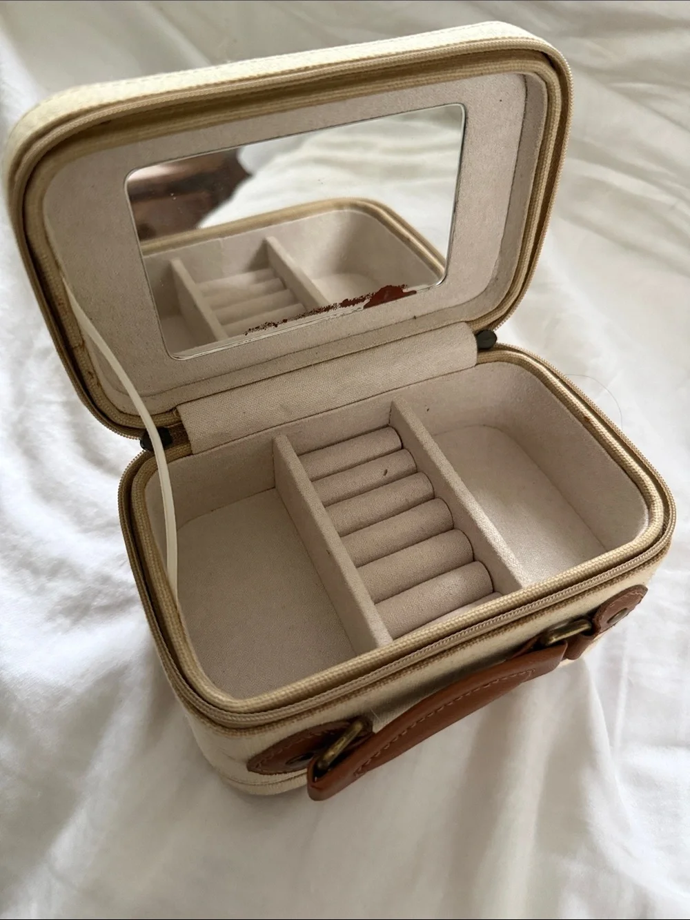 Pottery Barn Beige Canvas Jewelry Travel Case with Brown Leather Trim